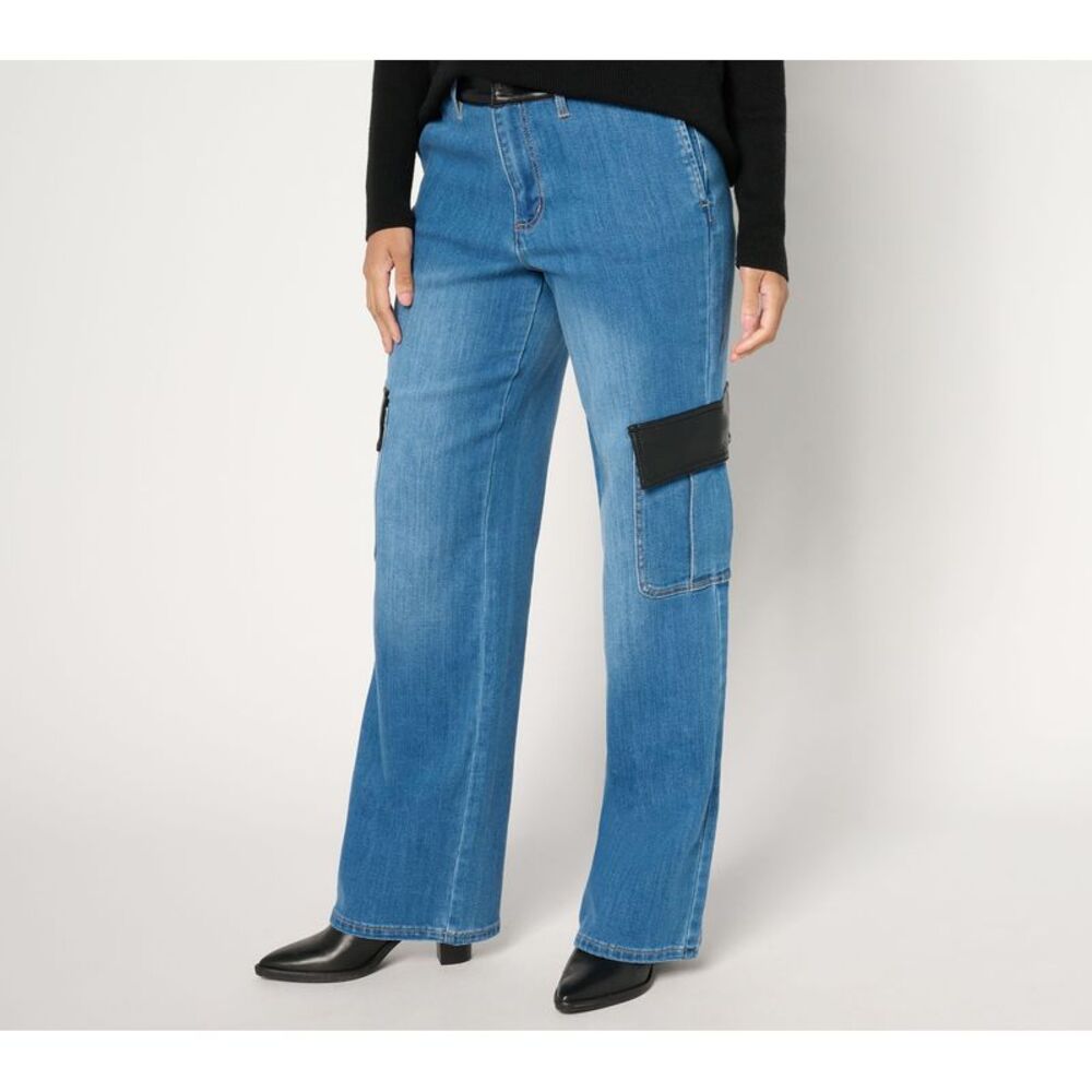 Peace Love World Women's Pants Sz 8 Label Cargo Jean Faux Leather Blue A668480